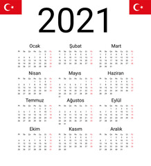 Turkey 2021 calendar. Vector design template start from monday. All months for wall calendar