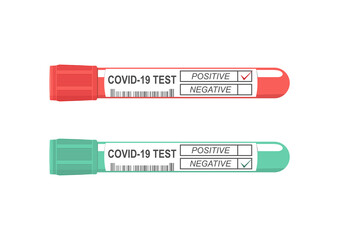 Covid 19 test. Coronavirus positive and negative test tube. Flat vector.