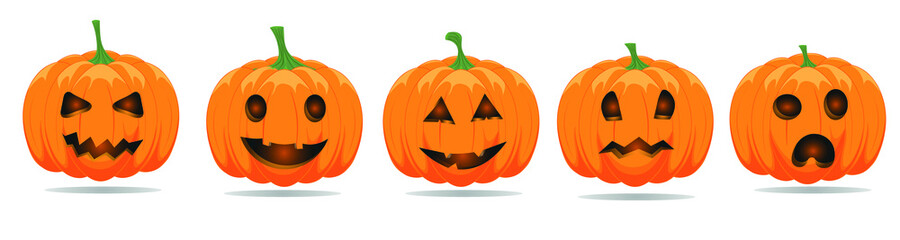 Set of pumpkins for Halloween, changing faces, burning eyes and smiles, cheerful autumn holiday, vector graphics on a white background