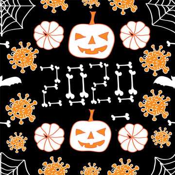 Hand drawn pumpkins. Funny pumpkins. Decorating for the holidays, autumn decor, spider web, bones, 2020, bat. Vector illustration.Elegant white, oranee and black combination. Seamless vector pattern.