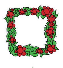 Square frame with flowers, red rose and green leaf, wreath of rose blossom. Simple flat illustration with stroke isolate