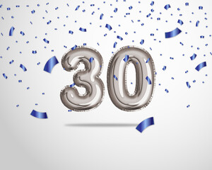 Happy 30th birthday with realistic foil balloons text on silver background and blue confetti. Set for Birthday, Anniversary, Celebration Party. Vector stock.