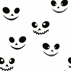 Faces of ghosts, monsters and skulls with eyes, mouth and nose. Seamless pattern.