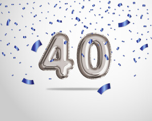 Happy 40th birthday with realistic foil balloons text on silver background and blue confetti. Set for Birthday, Anniversary, Celebration Party. Vector stock.