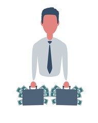 Businessman or clerk keeps a case full of money. Male character in trendy simple style with objects, flat vector illustration. Business concept. Isolated on white background.