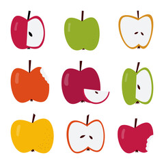 Apple vector set. Half, whole, slice, bitten different apples. Red, yellow and green healthy fruit collection. Flat simple graphic about vitamin juicy diet.