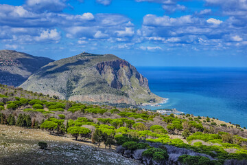 Fototapeta na wymiar Beautiful view from top of Monte Pellegrino (Pilgrim Mountain), which overlooks whole Palermo bay. Palermo, Sicily, Italy.