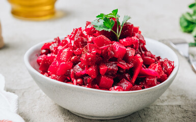 Beet salad. Russian beetroot salad with beetroot, potato, carrot, pea and oil dressing