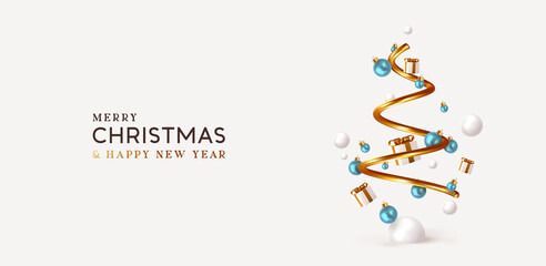 Abstract minimal christmas design, golden metallic cone spiral tree, with realistic holiday baubles round balls. Xmas decorative 3D objects. Christmas and New Year background. vector illustration