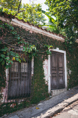 House with walls covered with plants and rustic doors in San Antonio Cali Valle del Cauca.

