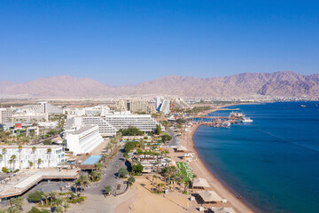 Eilat coastline, waterfront hotels and The Red Sea , Aerial view
