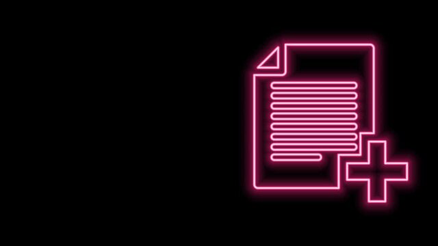 Glowing neon line Add new file icon isolated on black background. Copy document icon. 4K Video motion graphic animation