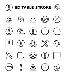 WARNINGS simple set of thin line vector icons. Contains icons such as warning, exclamation mark, reuse, warning sign and more. Editable stroke. Vector illustration