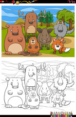 cartoon funny wild animals group coloring book page