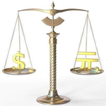 Dollar USD symbol and Renminbi yuan sign on golden balance scales, forex parity conceptual 3d rendering