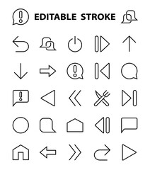 Set of line arrows, directions, arrows, contains icons such as pause, continuation, directly, to the right, Editable stroke. 480x480, On a white background, Vector illustration