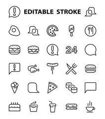 A simple set of fast food icons related to the vector line. Contains icons such as pizza, burger, sushi, bike, scrambled eggs and more. EDITABLE stroke. EPS 10