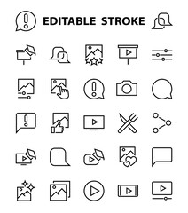 Gallery Set of Images vector line icons. Contains icons such as video, play video, edit images, Business Training, like photo. Editable stroke. Vector illustration