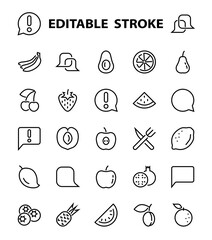 Fruit Icon Set, Vector lines, Contains icons such as apple, banana, cherry, lemon, watermelon, Avocado Editable stroke, 48x48 pixels, White background, eps 10