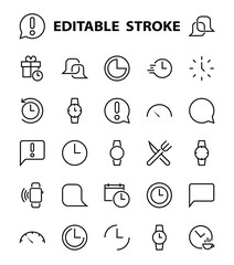 Simple set of time icon color editable template. Contains icons such as time check, speedometer calendar and other vector signs isolated on a white background for graphic and web design. 48x48 pixels