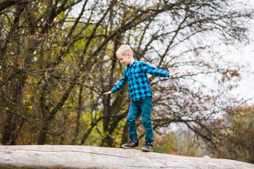 Naklejka premium Preteen kid balance on fallen tree trunk