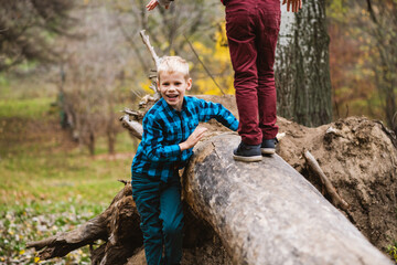 Boys play with tree trunk in forest