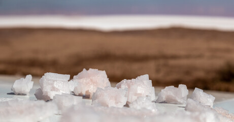 Pink white salt flake crystals bunch on white reflective surface with blurred pink salty lake landscape background. Spa resort sunny close-up