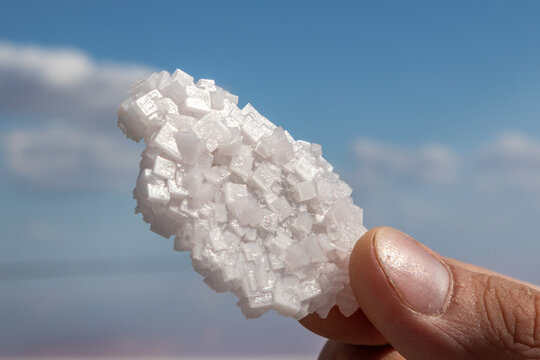 Hand fingers holding white shining salt flake crystal with blurred natural pink salty lake and blue sky background. Spa resort sunny close-up on Syvash, Ukraine