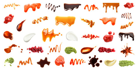 Set with samples of different sauces on white background. Banner design