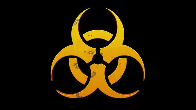 Biohazard symbol. 4k 3D animation of a biohazard symbol with decaying paint and rust spreading over the surface