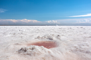 Pink water puddle on salt lake coast with white salt and blue sky. Syvash or Sivash sea spa recreation summer sunny time, the Putrid Sea or Rotten Sea, Ukraine