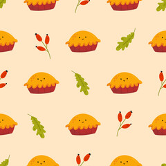 Holiday seamless pattern for Thanksgiving day with funny pies and leaves