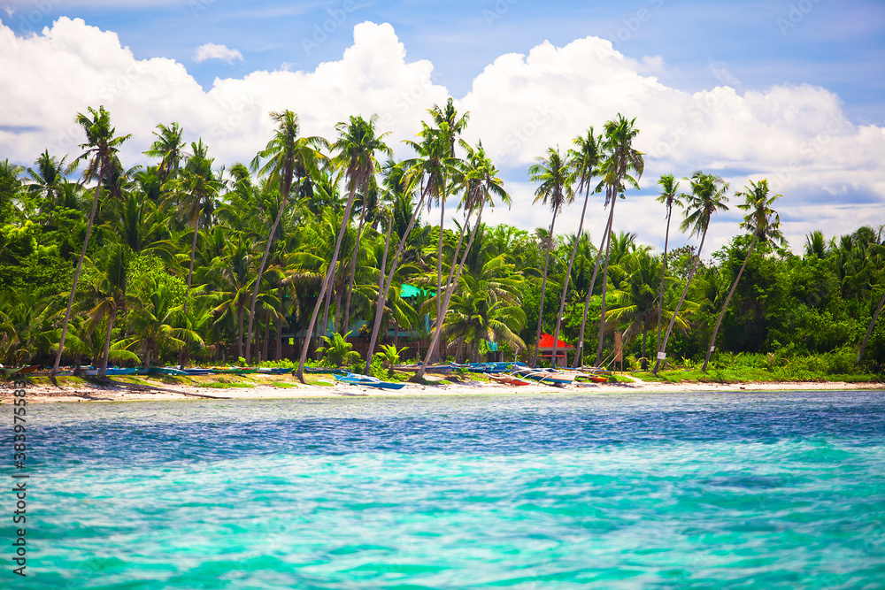 Poster landscape of tropical island beach with perfect blue sky