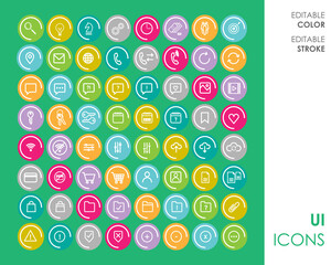 Modern simple icon pack. Lined icon stroke. Colorful circle background. flat icon set, elements, UI, symbol