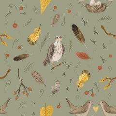 birds family, love, nest bird, nest, feathers, birds, animal, background, berries, berry, botanical, cartoon, cute, decor, design, drawn, fabric, fairytale, floral, for scrapbooking, forest, green bac
