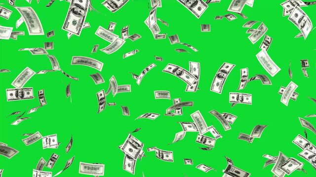 Hundred dollar bills falling from the sky - $100 dollar bills cash raining down on a chromakey green screen background