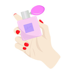 Vector beautiful woman's hand with perfume. Icon, sticker for internet store. For beauty salon, make up artist, print, poster, decorative card, chancery.