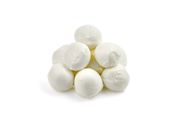 Heap of mini mozzarella cheese balls isolated on white background.