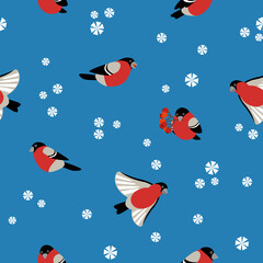 Seamless winter vector pattern with bullfinch and snowflakes on shiny blue background. Cute cartoon illustration for textile, wrapping paper,  xmas greeting cards or other design elements
