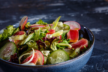 Salad of lettuce, tuna, cucumbers and radishes is on the plate