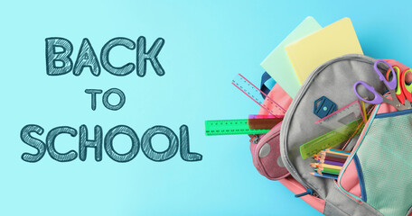 Text Back To School and backpack with different stationery on light blue background, top view. Banner design