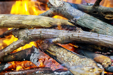 Burning firewood in the grill on picnic.
