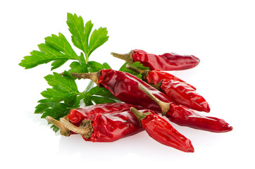 Red chili or chilli pepper and parsley leaves