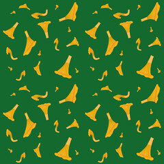 Seamless pattern with yellow mushrooms on green background