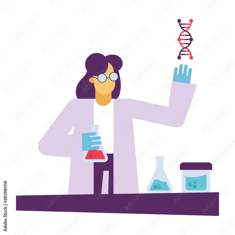 Poster chemical woman with flasks and dna at desk vector design