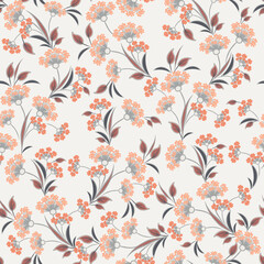 Vector floral seamless pattern. Abstract background with simple small orange flowers, leaves, branches. Liberty style wallpapers. Elegant ditsy texture. Repeat natural design for decor, textile, print