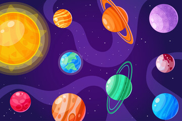greeting card of planets of the solar system, set of multi-colored mars, venus, jupiter, neptune, sun, earth, uranus, saturn starry sky, milky way galaxy, mockup for school teaching astronomy eps 10