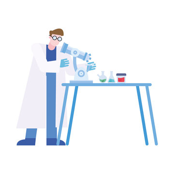 chemical man with microscope and flasks at desk vector design
