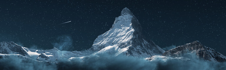 panoramic view to the majestic Matterhorn mountain at night. Valais, Switzerland - obrazy, fototapety, plakaty