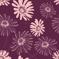 Naklejka na ściany i meble Floral seamless pattern. Vector abstract texture with simple big flower silhouettes. Elegant background with hand drawn elements. Burgundy and pink color. Repeat design for decor, fabric, wallpaper